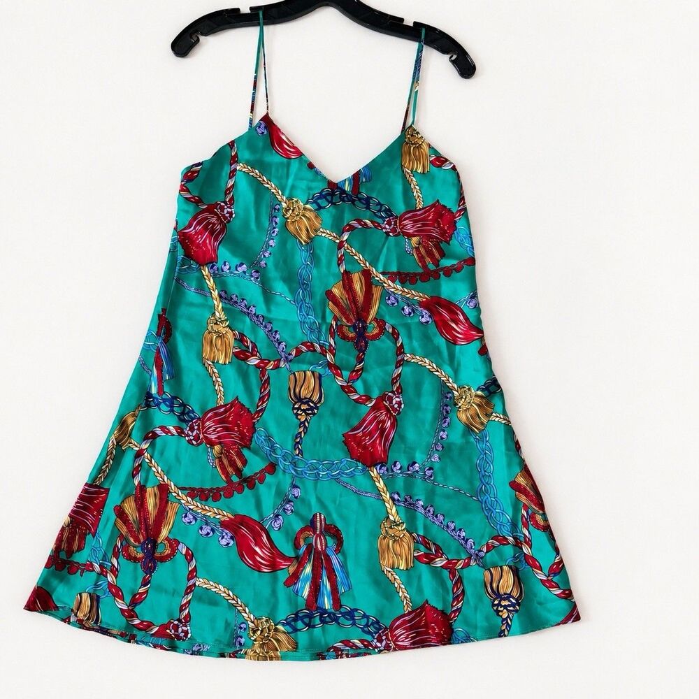 Vtg Victoria's Secret 100% Silk Slip Dress Green Tassel Print Coquette 80s 90s